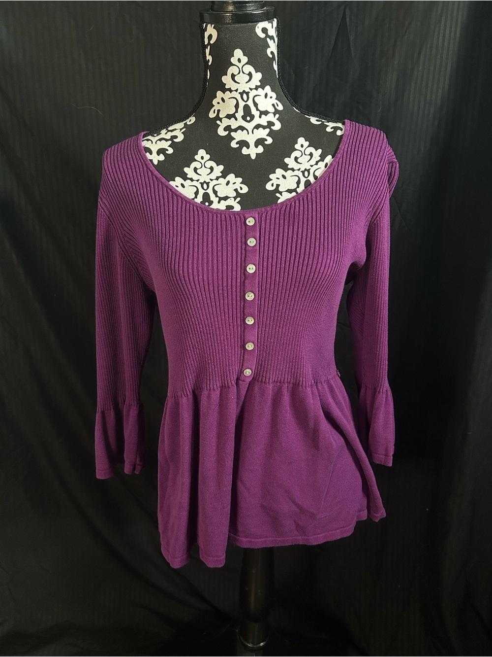 Alfani Purple Ribbed Peplum Button-Front Top